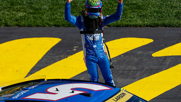 Kyle Larson celebrates after winning Sunday's NASCAR Cup Series South Point 400 at Las Vegas Motor Speedway. (Photo by Sean Gardner/Getty Images)
